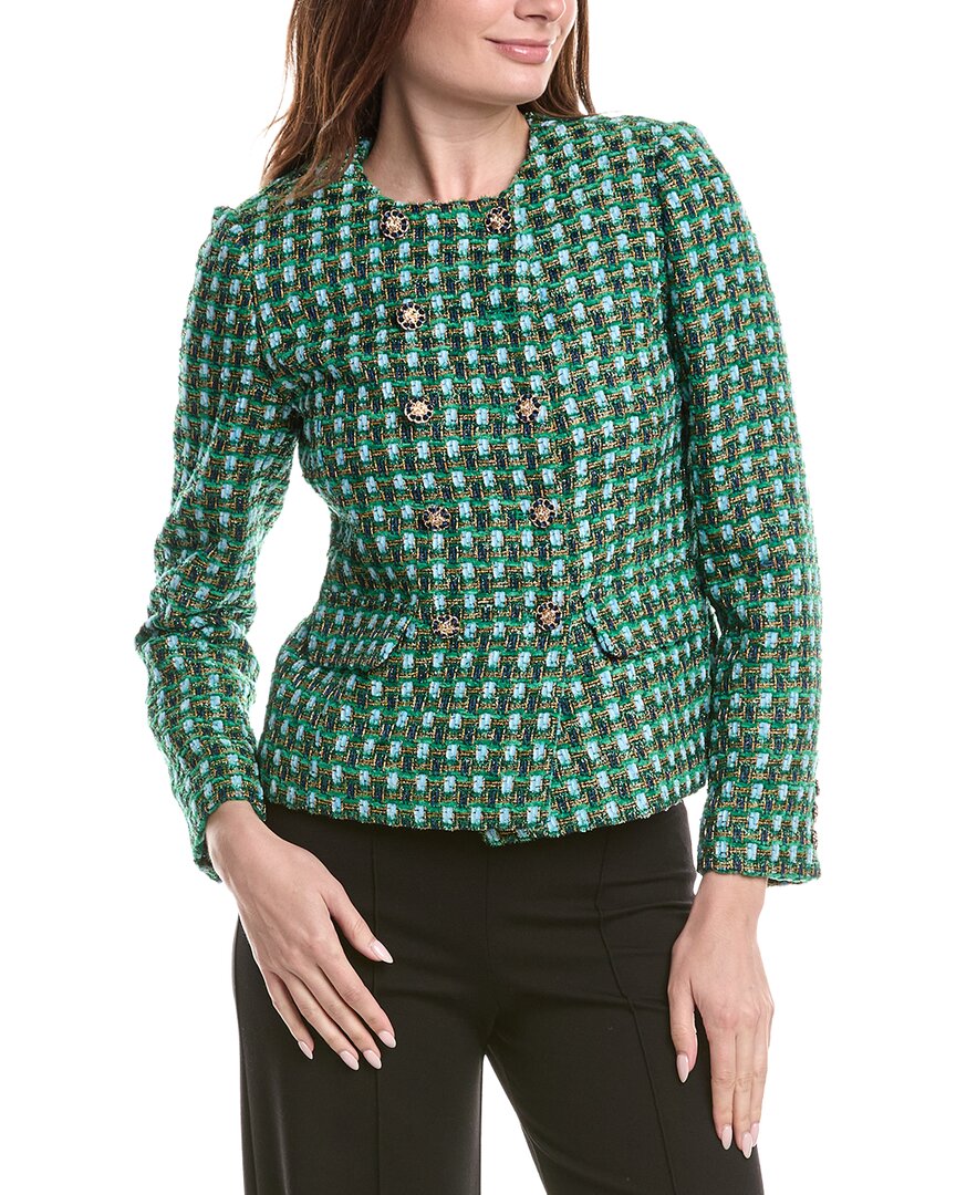 Elie Tahari Tweed Double Breasted Blazer In Blue