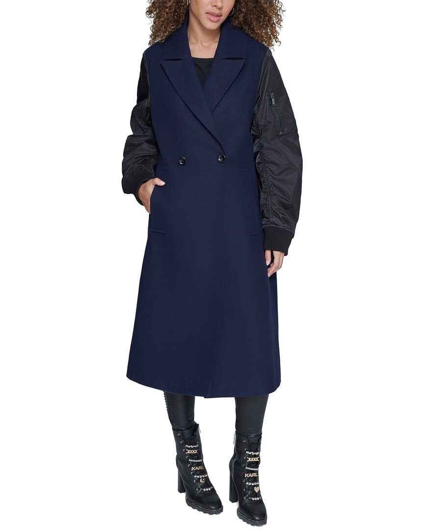 Karl Lagerfeld Double-breasted Wool-blend Bomber Jacket In Blue