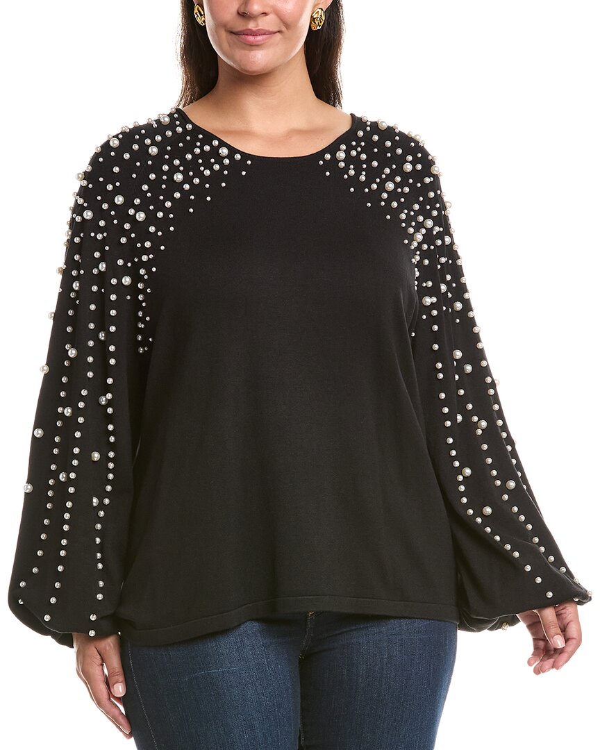 Marina Rinaldi Nelson Imitation Pearl Embellished Bracelet Sleeve Sweater In Black