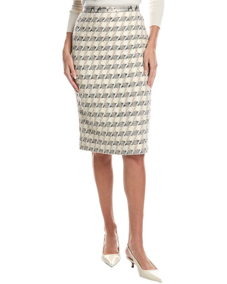 St John St. John Houndstooth Tweed Leather-trim Wool-blend Skirt In Gray