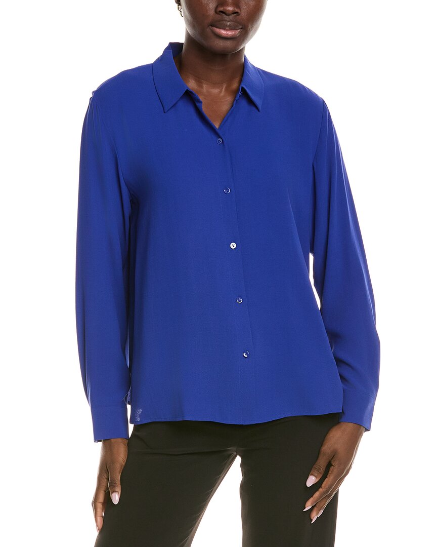 Eileen Fisher Classic Collar Silk Easy Shirt In Blue