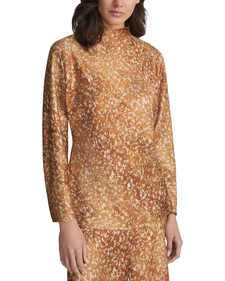 Lafayette 148 Mini Floating Leaves Print Textured Silk Satin Blouse In Brown