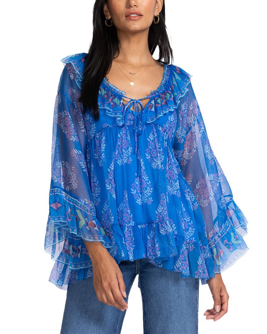 Johnny Was Gal Ruffle Floral-print Chiffon Blouse In Blue