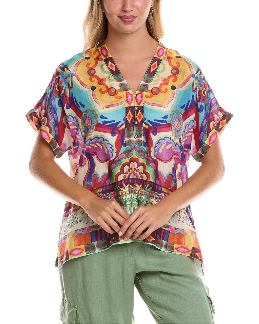 Johnny Was Cillia Geometric Floral-print Silk Blouse In Yellow