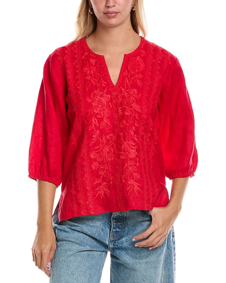 Johnny Was Split Neck Linen Blouse In Red