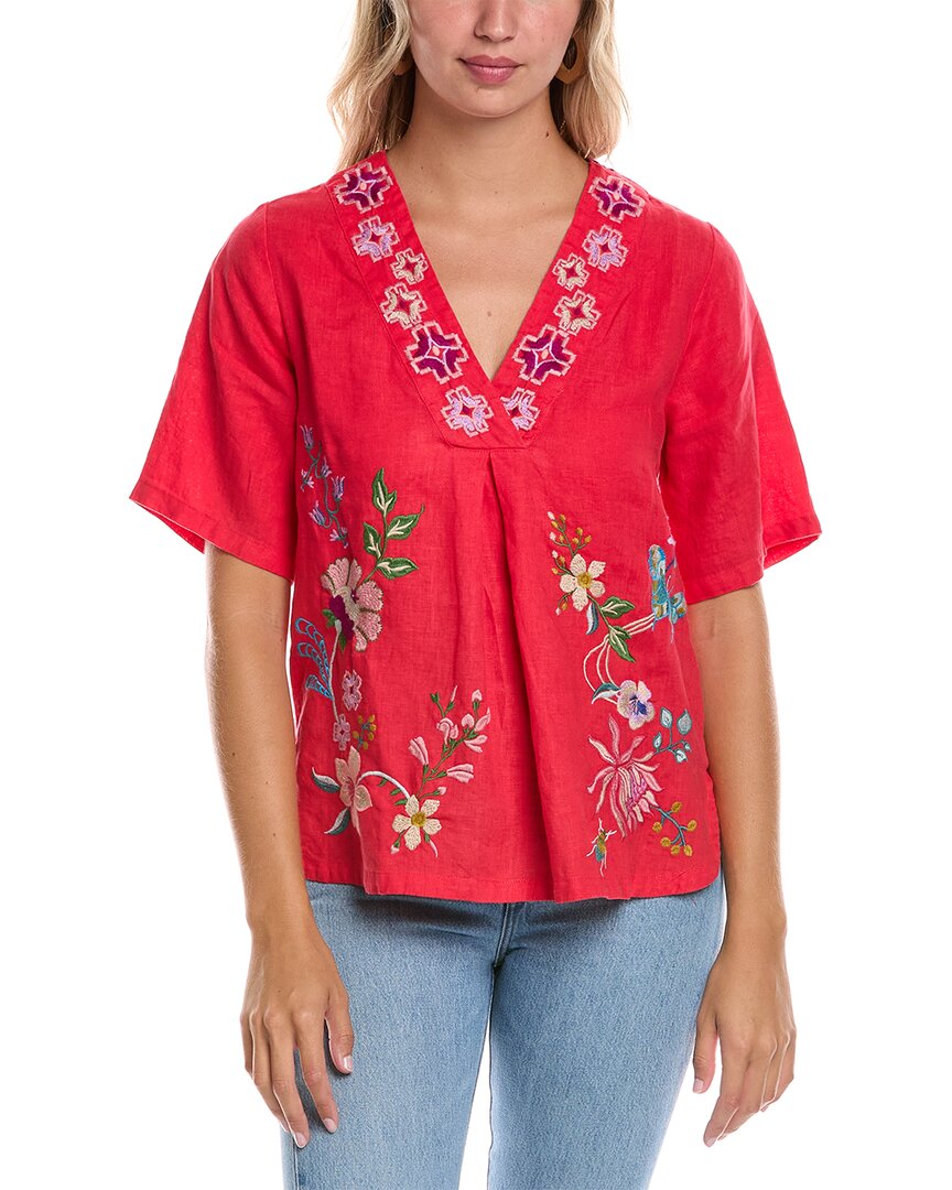 Johnny Was Linen V-neck Blouse Maureen In Watermelon In Red