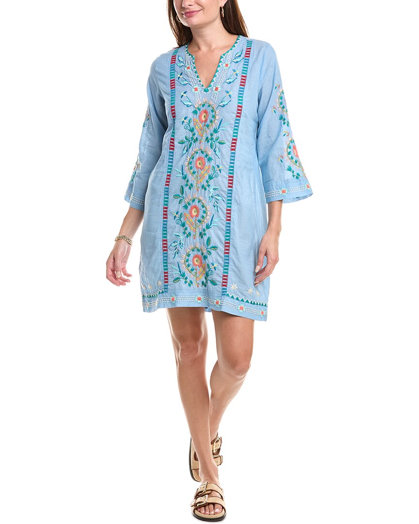 Johnny Was Embroidered Split Neck Swing Dress In Blue