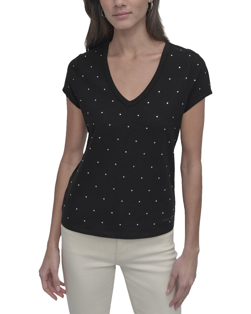 Dkny Rhinestones V-neck Fitted T-shirt In Black