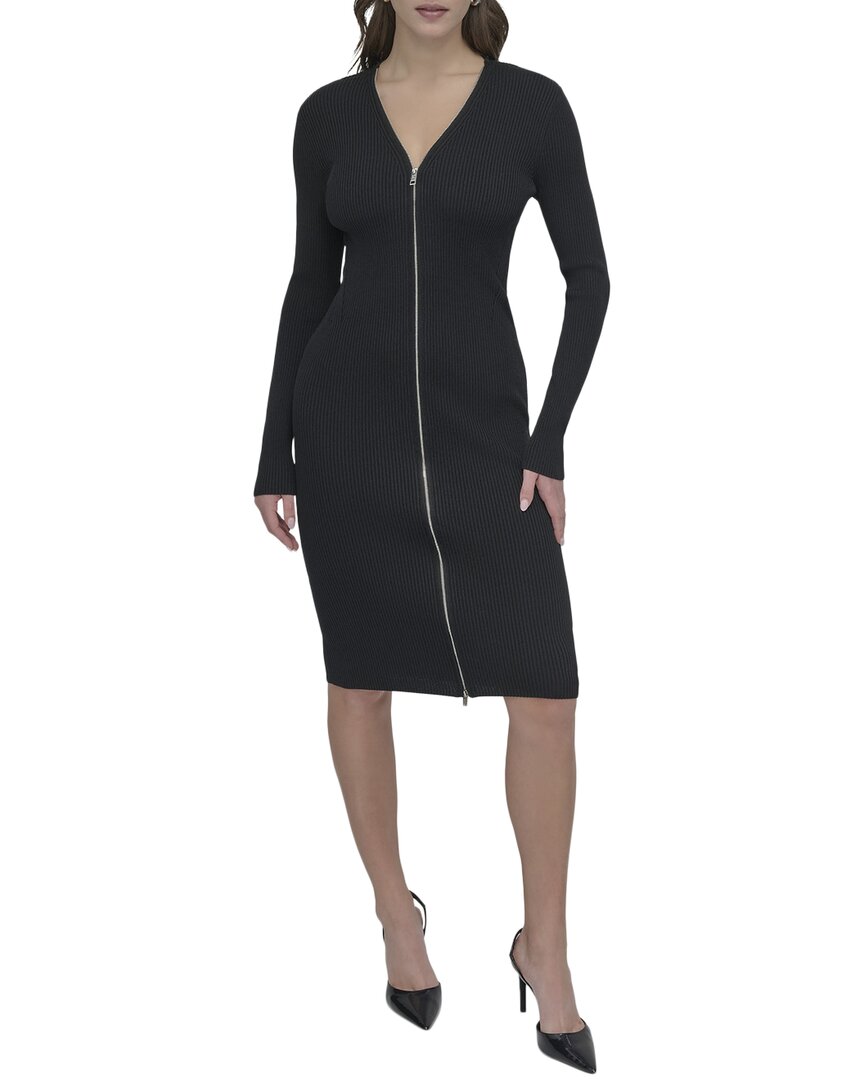 Dkny Long Sleeve Ribbed Knit Midi Dress In Black