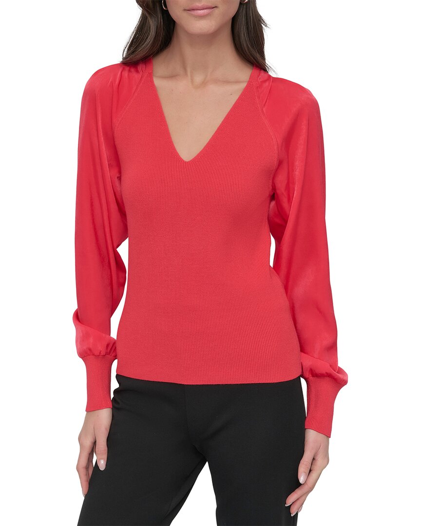 Dkny Mix Media V-neck Sweater In Red