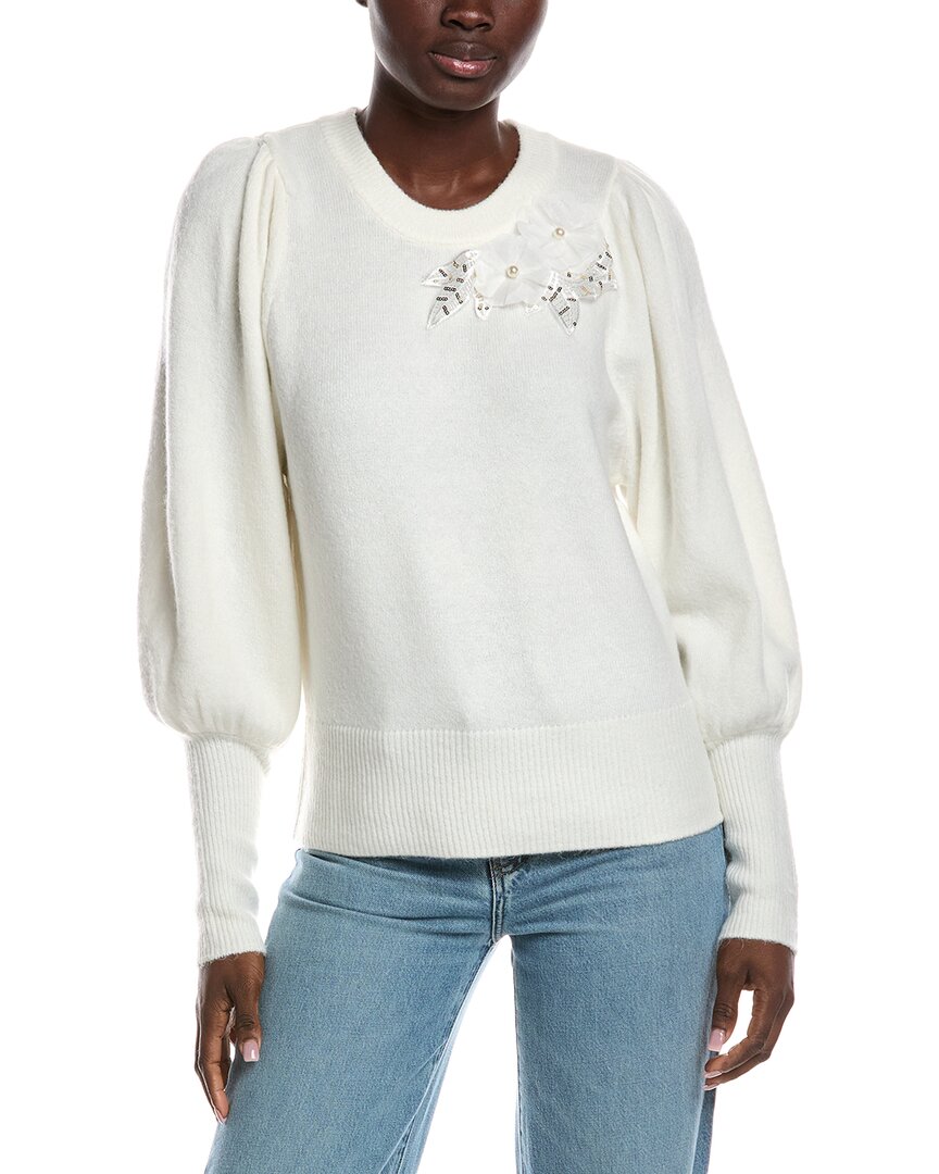 Cece Floral Trim Sweater In White