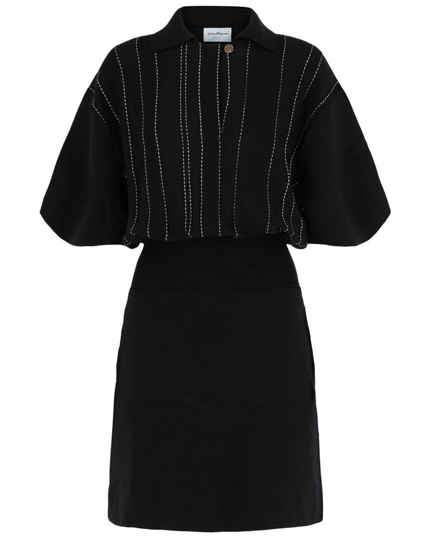 Ferragamo Contrast Stitch Knit Wool Dress In Blue