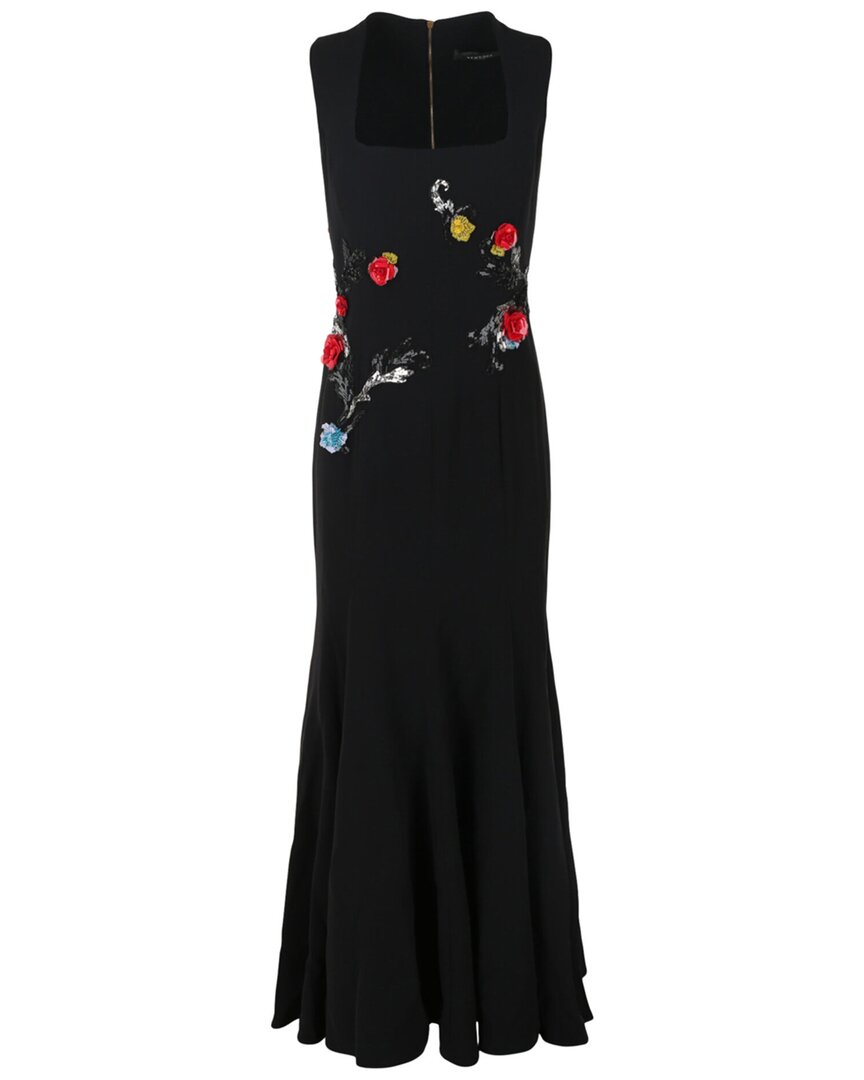 Versace Sleeveless Embroidered Rose Silk Gown In Black