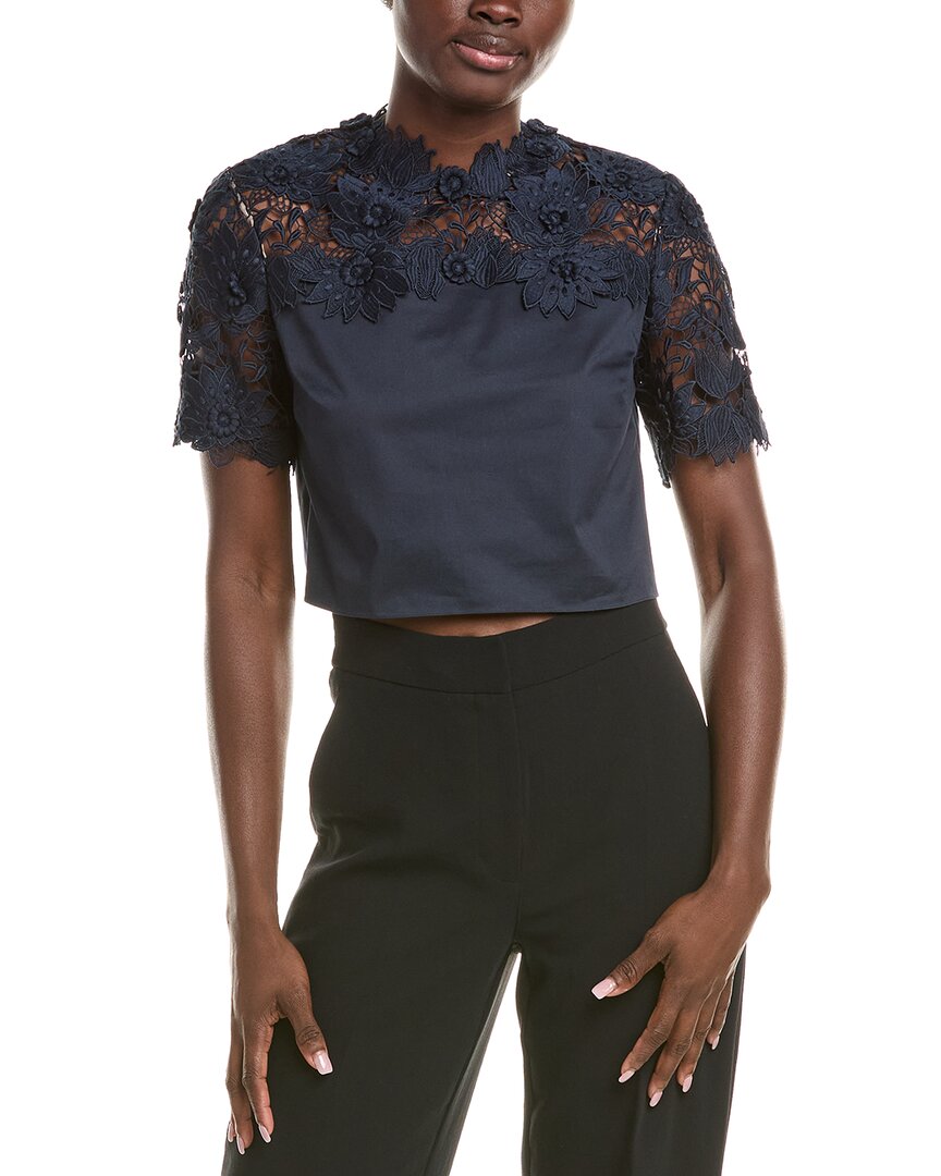 Oscar De La Renta Water Lily Guipure Silk-lined Top In Blue