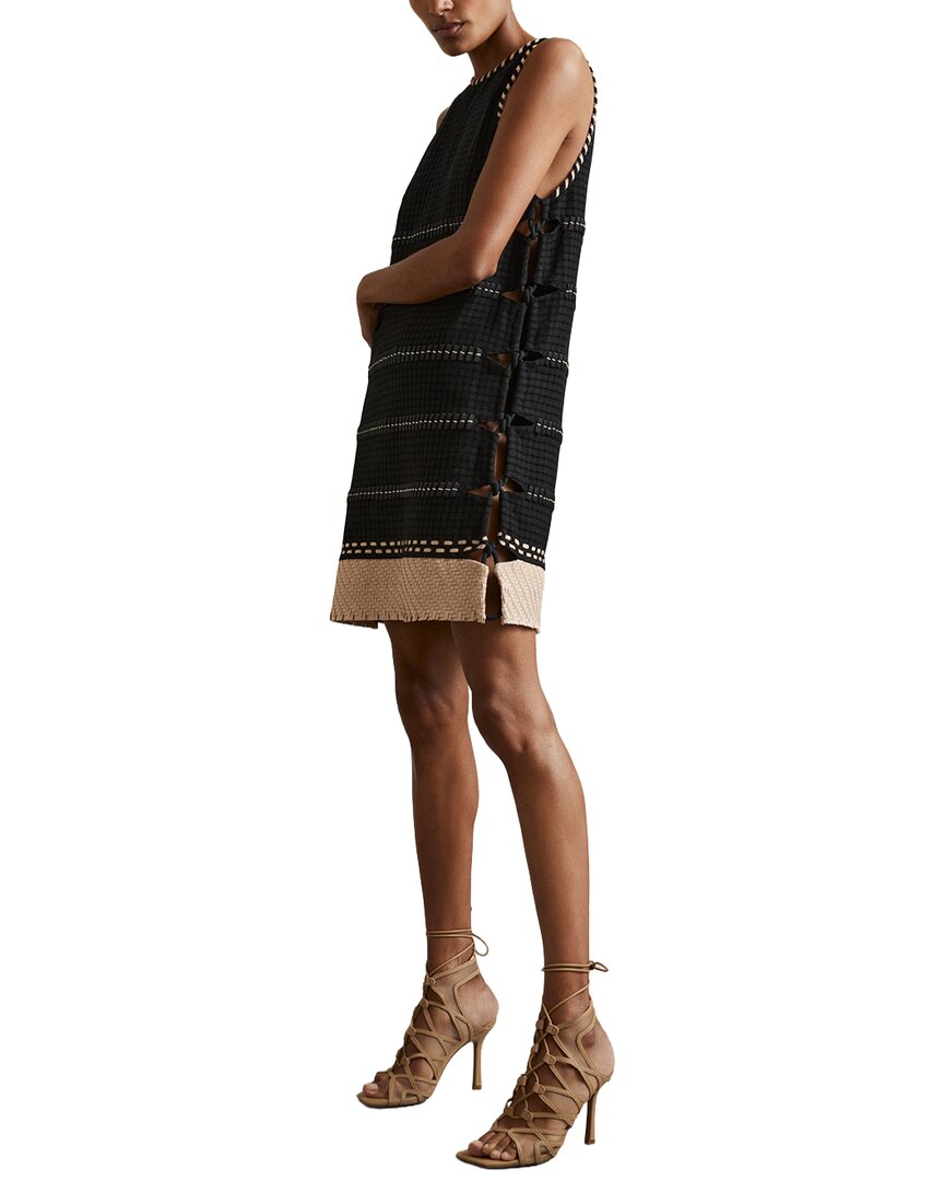 Reiss Lawrence Whipstich Leather-trim Woven Dress In Black