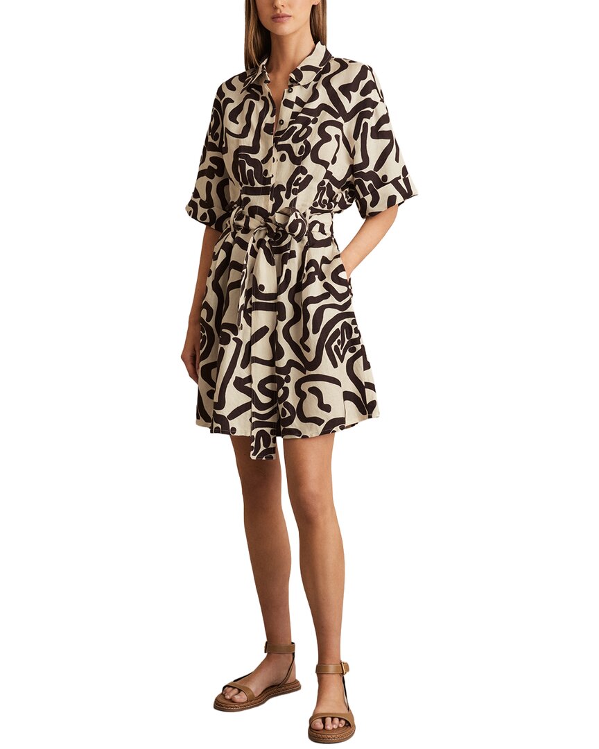 Reiss Camelia Mono Print Linen-blend Shirtdress In Brown