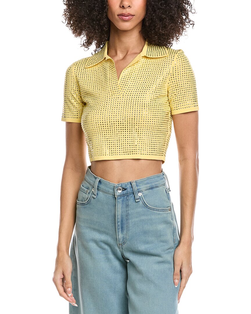 Sandro Rhinestone Crop Polo Shirt In Yellow