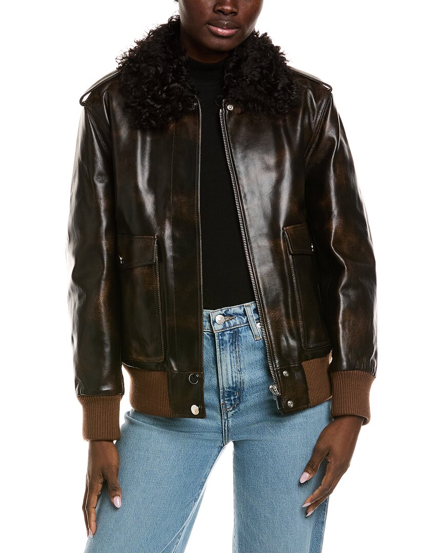 Michael Kors Collection Leather Bomber Jacket In Brown