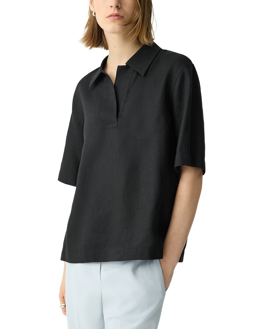 Theory Linen Boxy Polo Top In Black