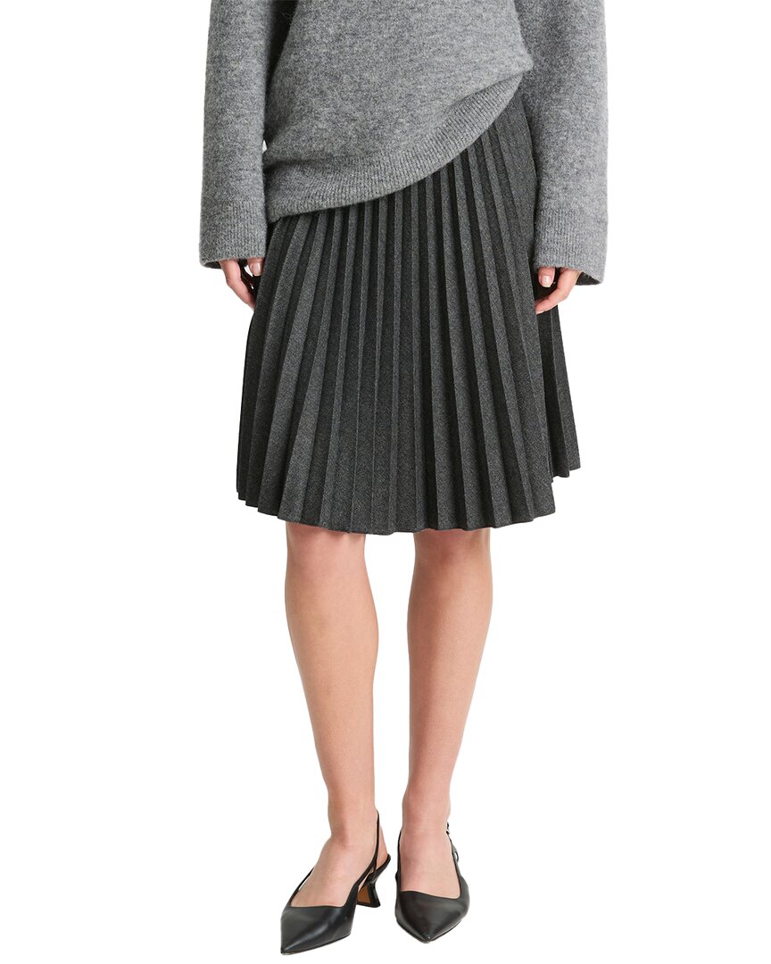 Vince Mid Rise Pleated Herringbone Wool-blend Midi Skirt In Gray