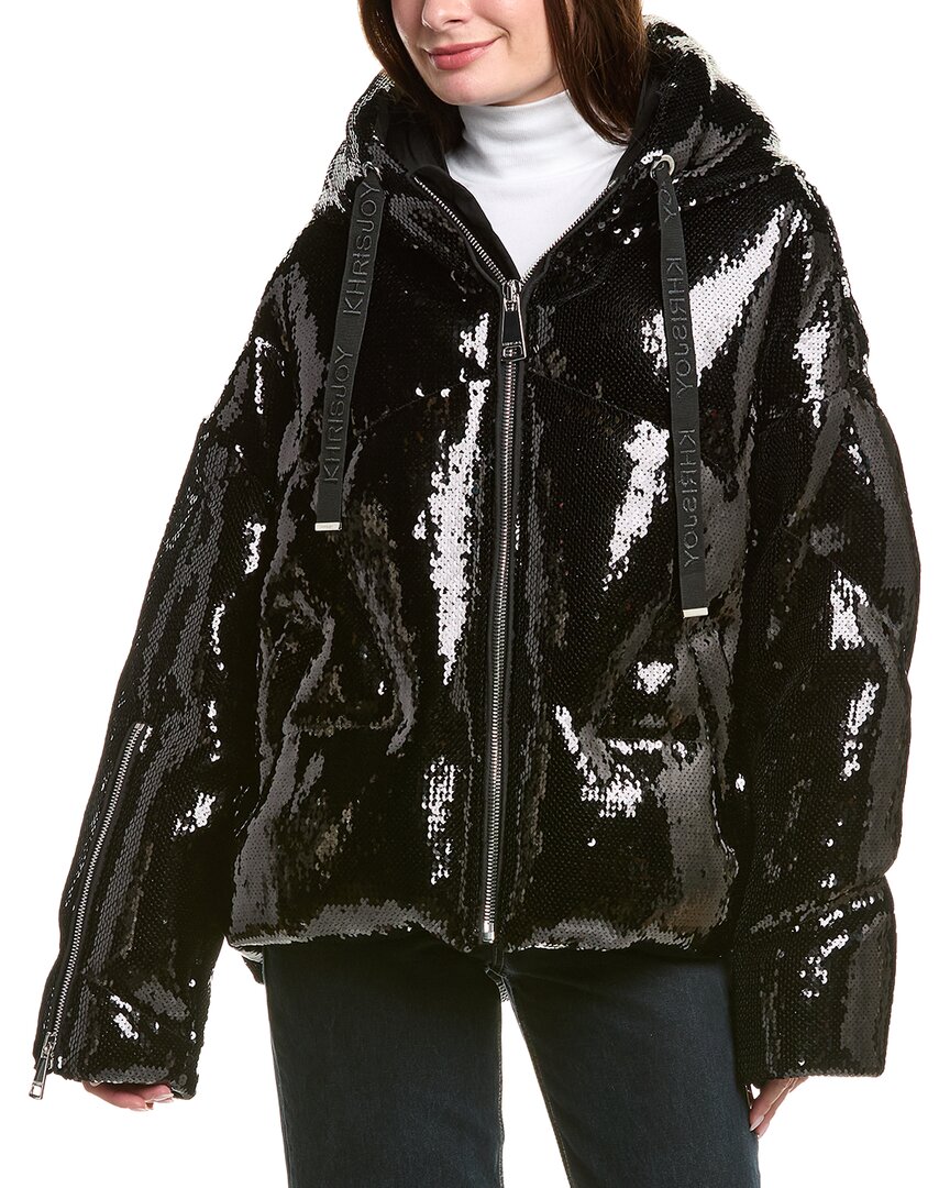Khrisjoy Embellished Polyester Down Jacket With Drawstring Hood In Black