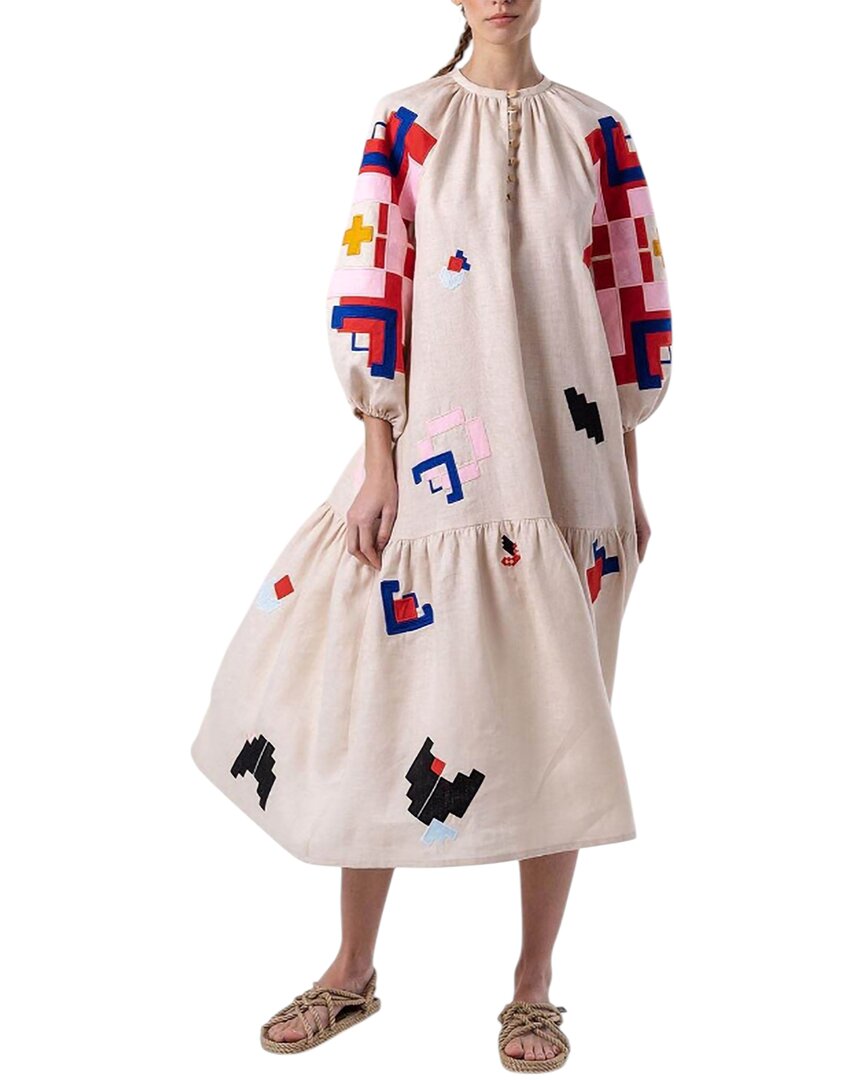 Charlotte Green Linen-blend Midi Dress In Multi