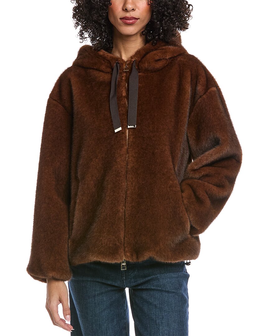 Herno Dark Brown Faux Fur Bomber Jacket With Custom Drawstring Hood In Brown