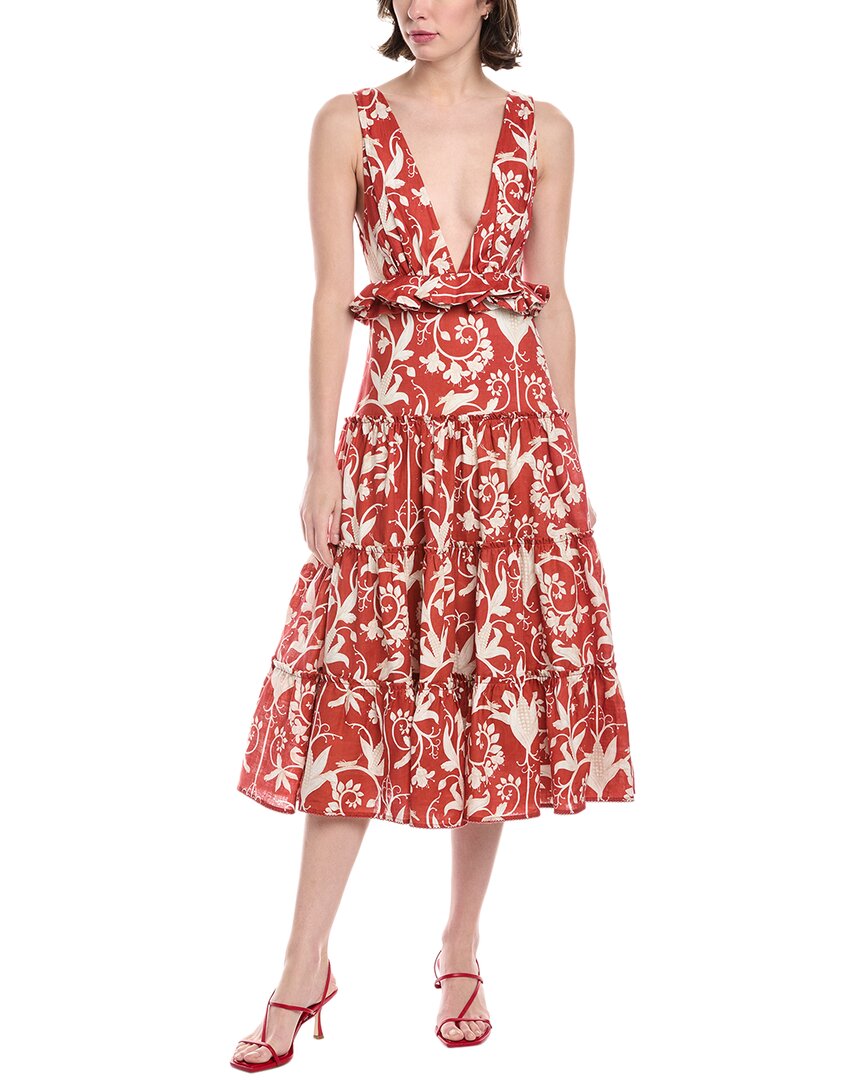 Agua By Agua Bendita Lago Maiz Printed Linen Midi Dress In Red
