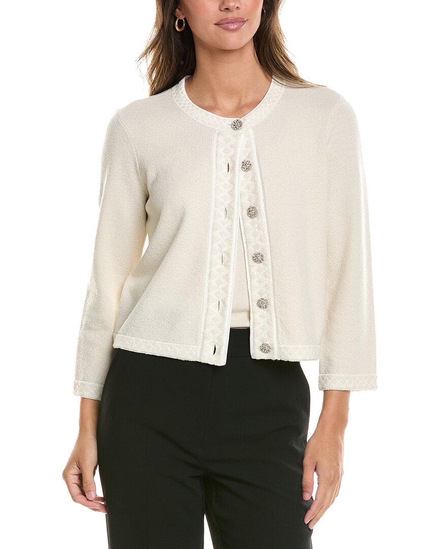 St John St. John 3/4-sleeve Crew Wool-blend Cardigan In White