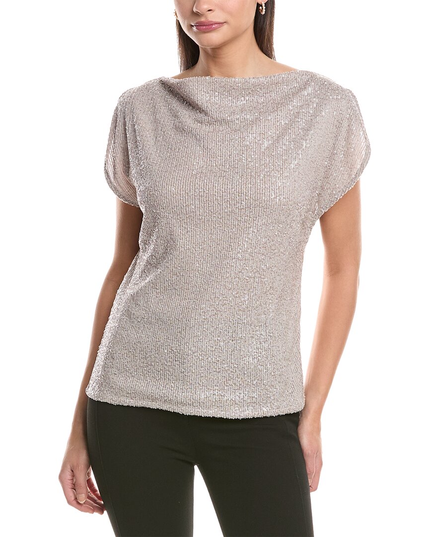 Anne Klein Split Shoulder Drape Sequin Blouse In Brown