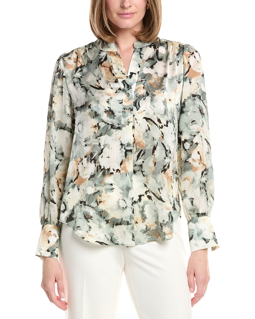 Anne Klein V-neck Satin Pleat Front Blouse In Blue