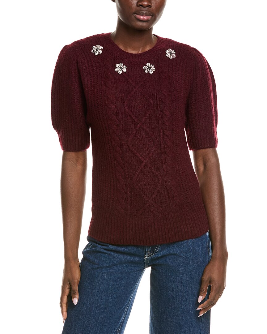 Cece Faux Jewel Embellished Cable Puff Sleeve Sweater In Burgundy