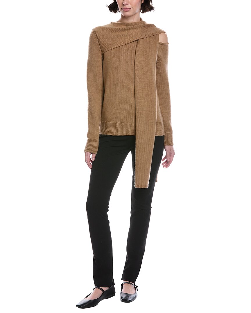 Oscar De La Renta Side Shoulder Tie Wool Sweater In Brown