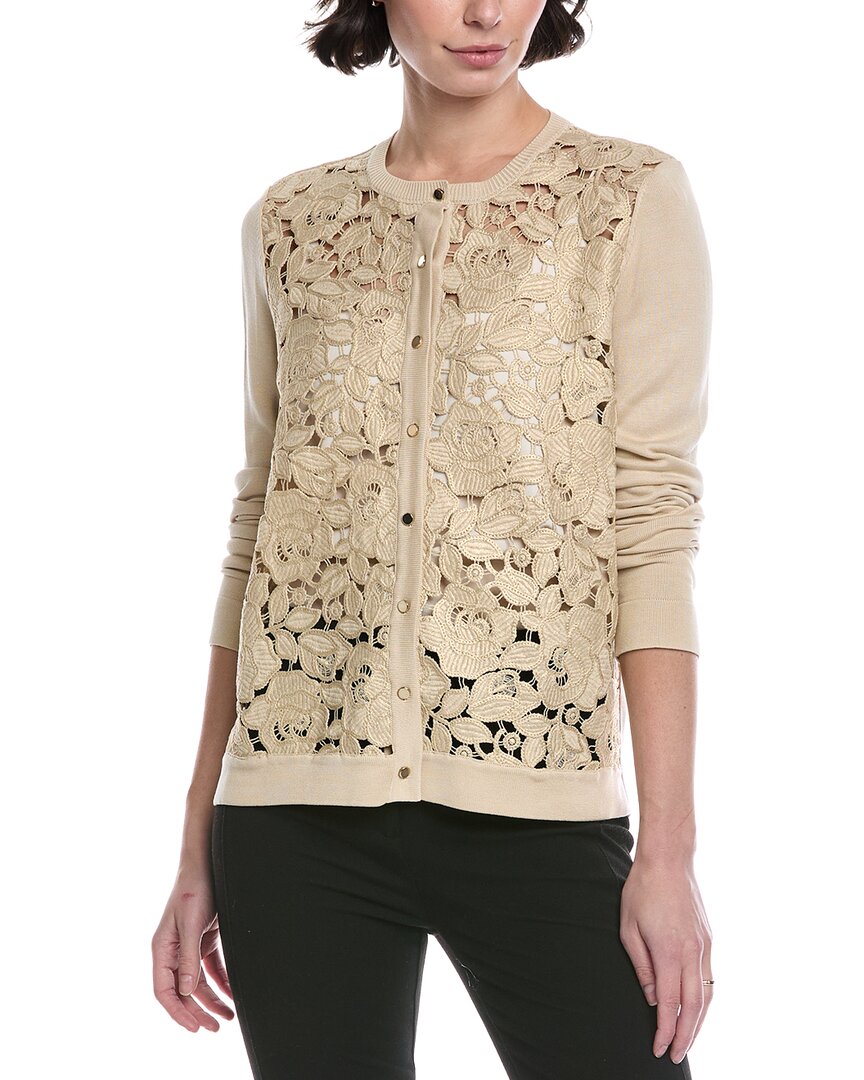 Oscar De La Renta Rose Inset Silk-blend Cardigan In Neutral