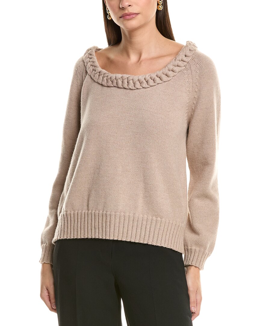 Oscar De La Renta Braided Neckline Wool Sweater In Brown