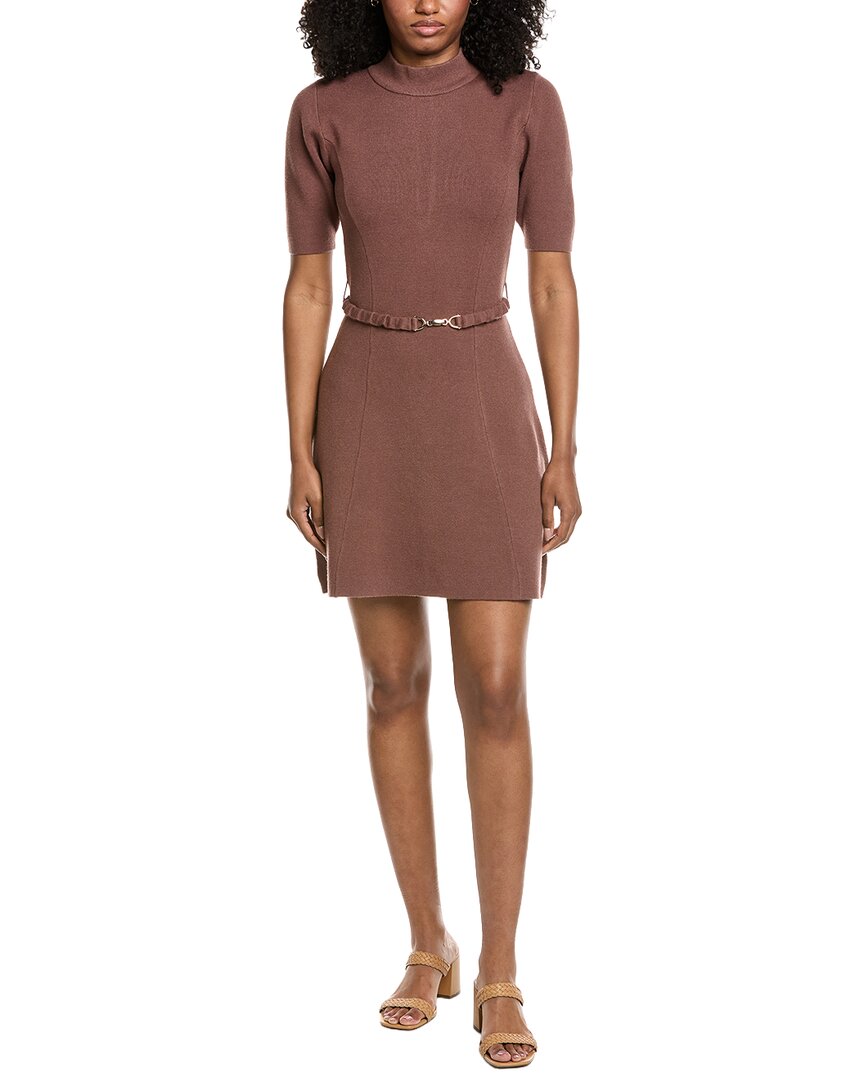 Fate Gold Clasp Belt Detail Mock Neck Sweaterdress In Brown