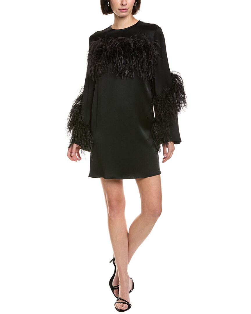 Lapointe Satin Ostrich-trim Shift Dress In Black