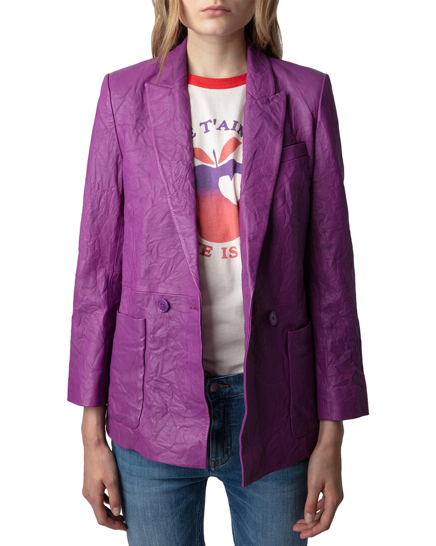 Zadig & Voltaire Visko Cuir Froisse Leather Blazer In Purple