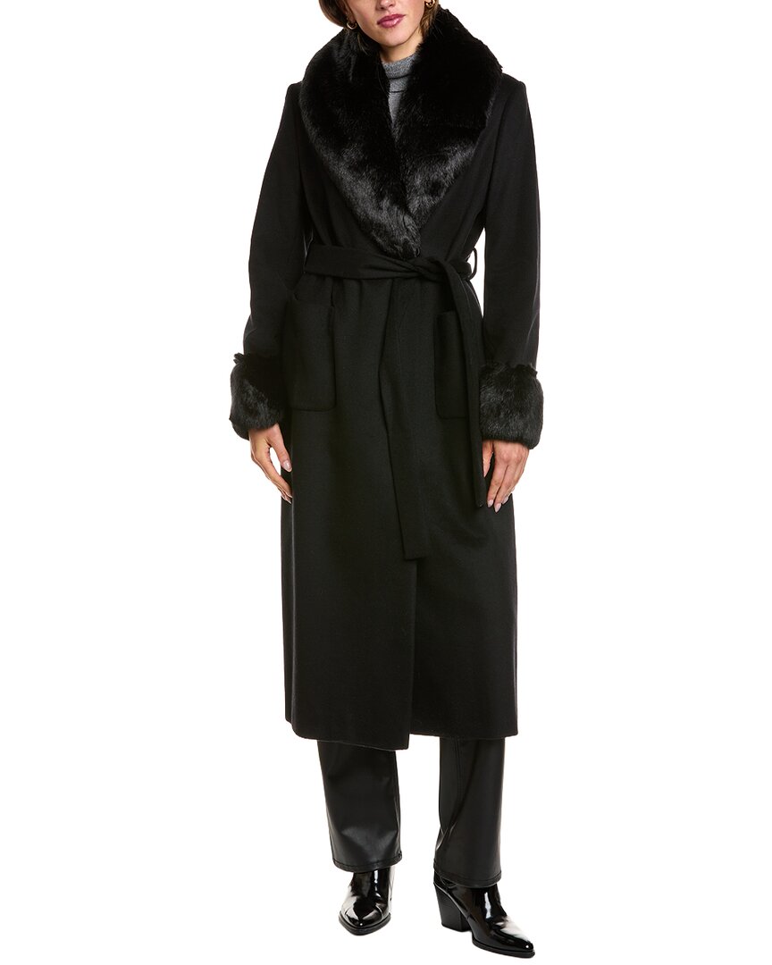 Via Spiga Belted Faux Fur Trim Coat In Black