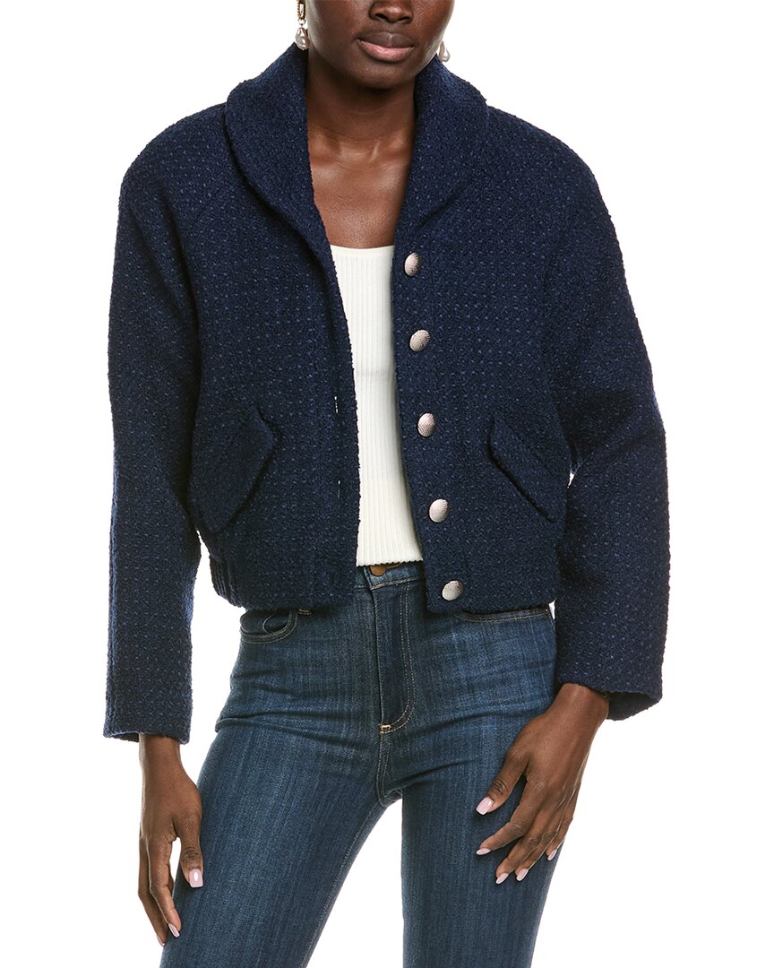 Endless Rose Boucle Tweed Buttoned Wool-blend Bomber Jacket In Blue