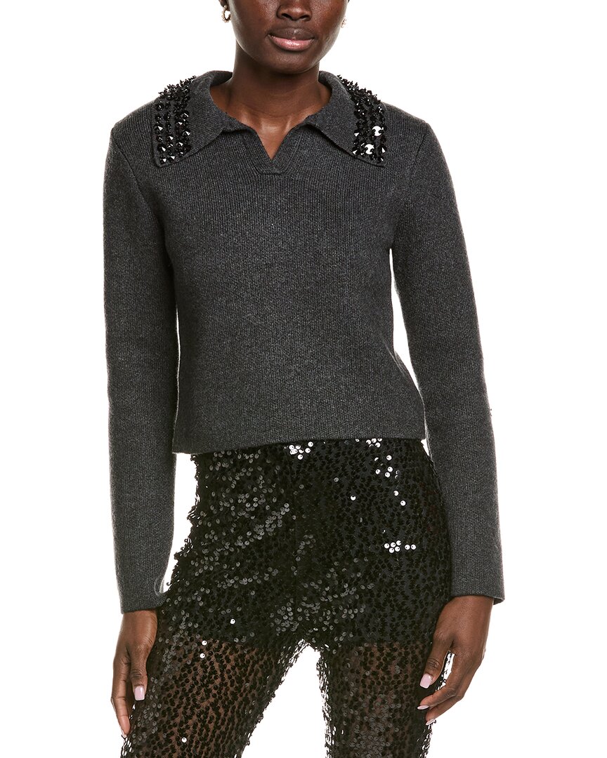 Endless Rose Jewel Trim Collared Wool-blend Sweater In Brown