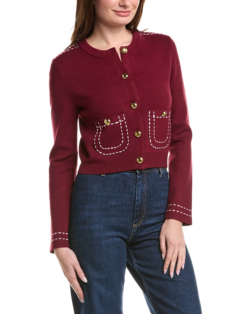 English Factory Stitch Detail Puff Sleeve Cardigan In Red