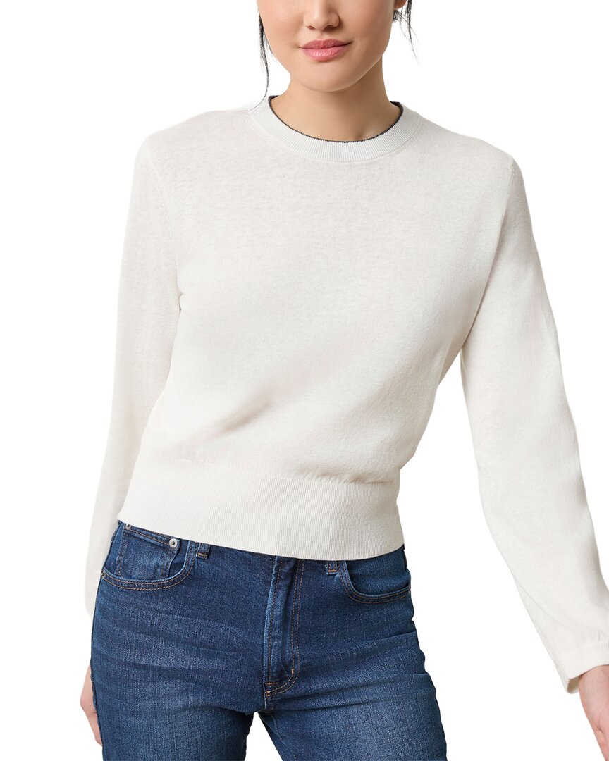Lilla P Shirred Sleeve Crewneck Linen-blend Sweater In White