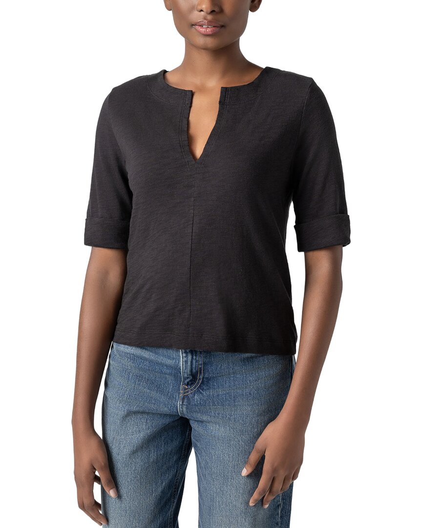 Lilla P Cuff Sleeve Split Neck Top In Black