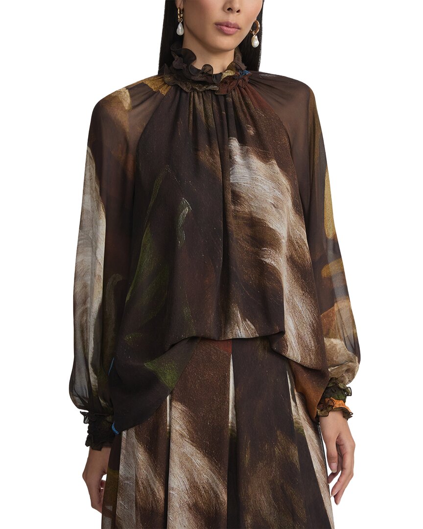 Lafayette 148 New York Hand-smocked Ruffle Collar Blouse In Multi