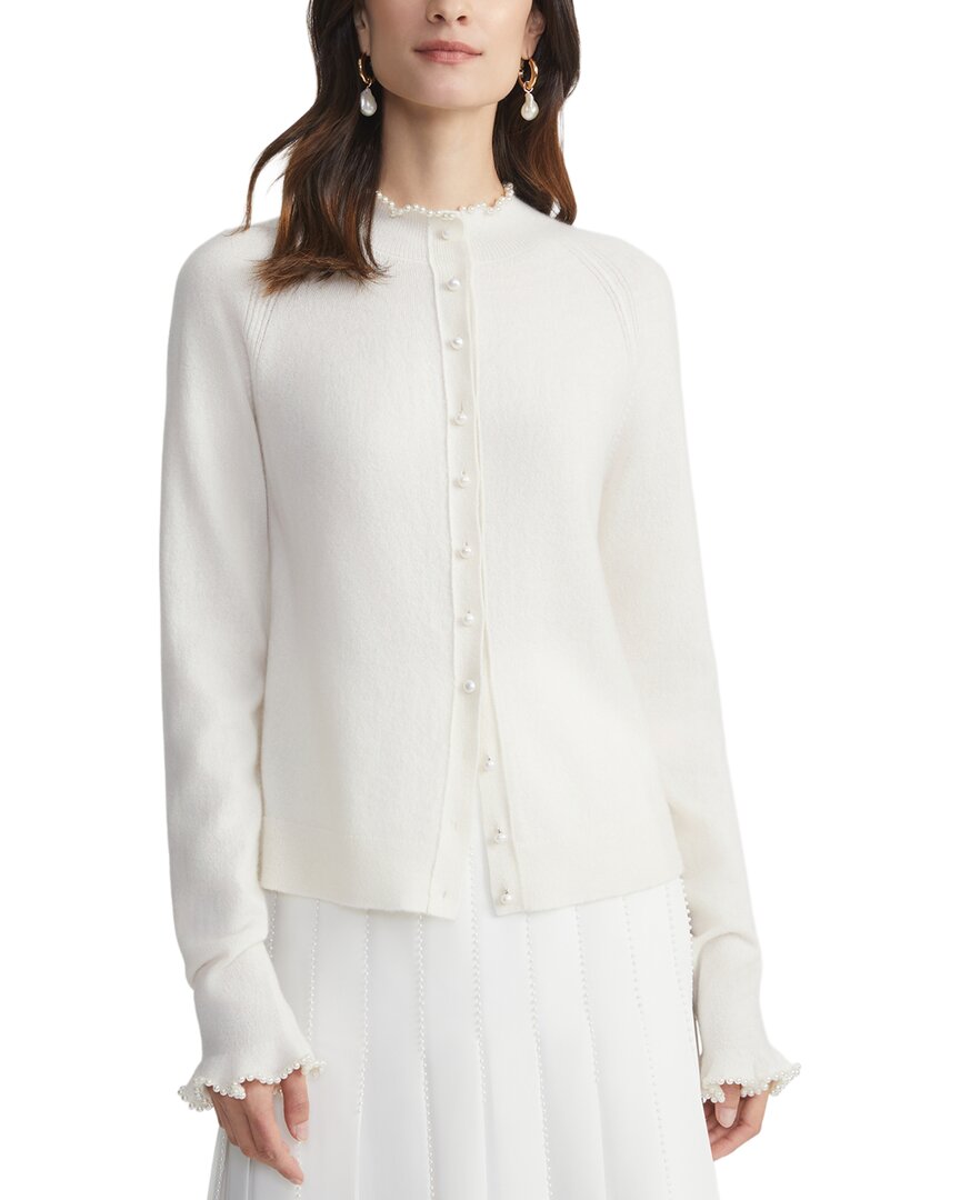 Lafayette 148 New York Hand-beaded Pearlescent Trim Cardigan In White