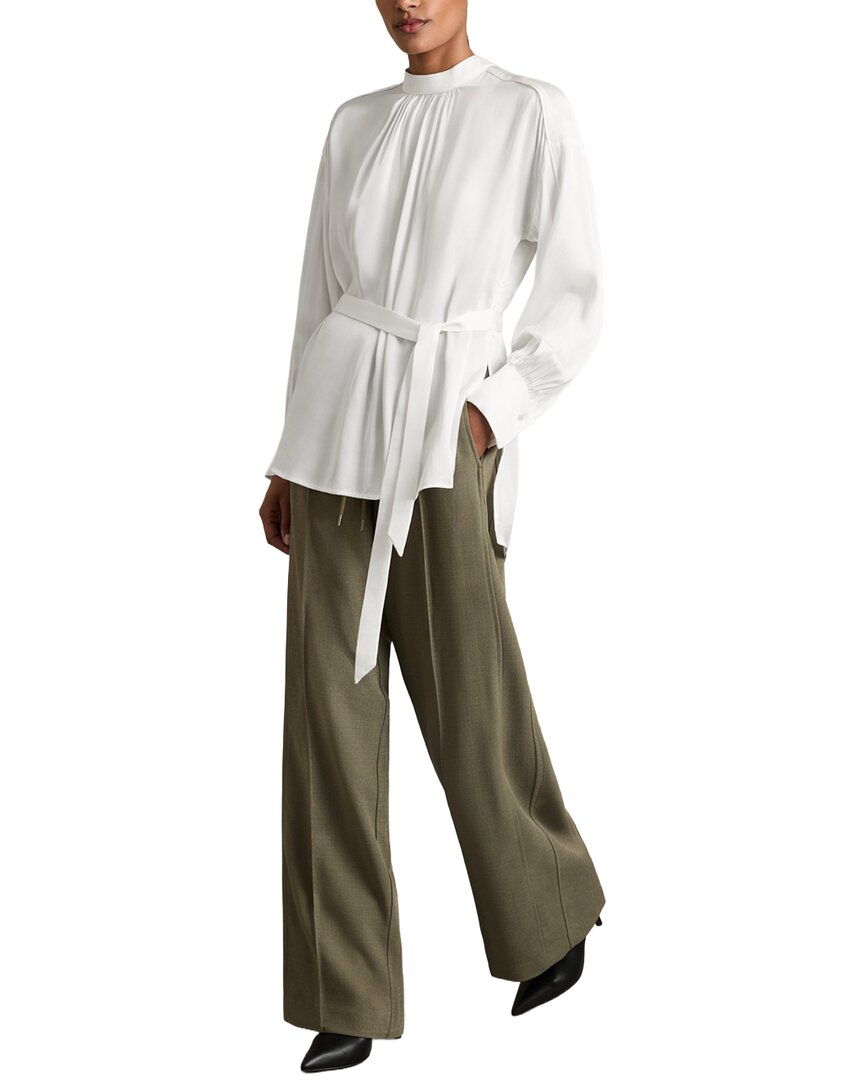 Reiss Ivory Woven High-neck Belted Blouse In White