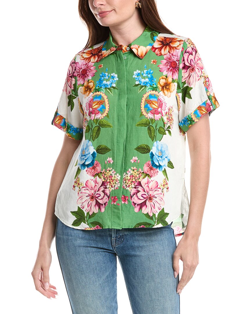 T Tahari Button Down Linen-blend Blouse In Cosmic Garden