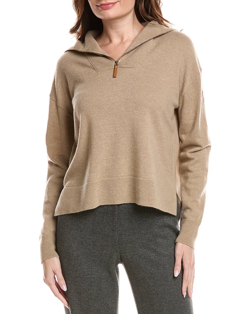 Lafayette 148 New York Half Zip Collared Wool & Cashmere-blend Sweater In Brown