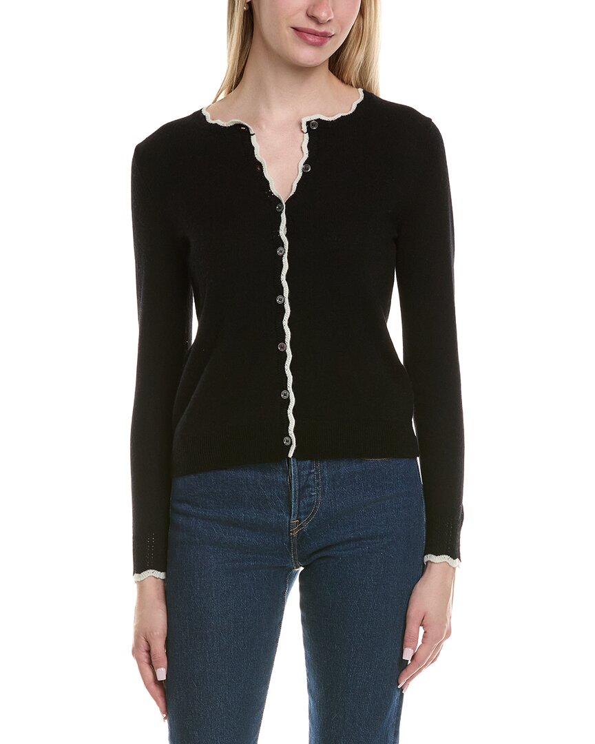 Sofiacashmere Tipped Scalloped Wool & Cashmere-blend Cardigan In Black